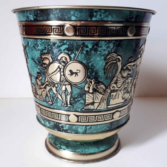 Greek Circular Tin Storage Box Green Gold - Picture 1 of 8